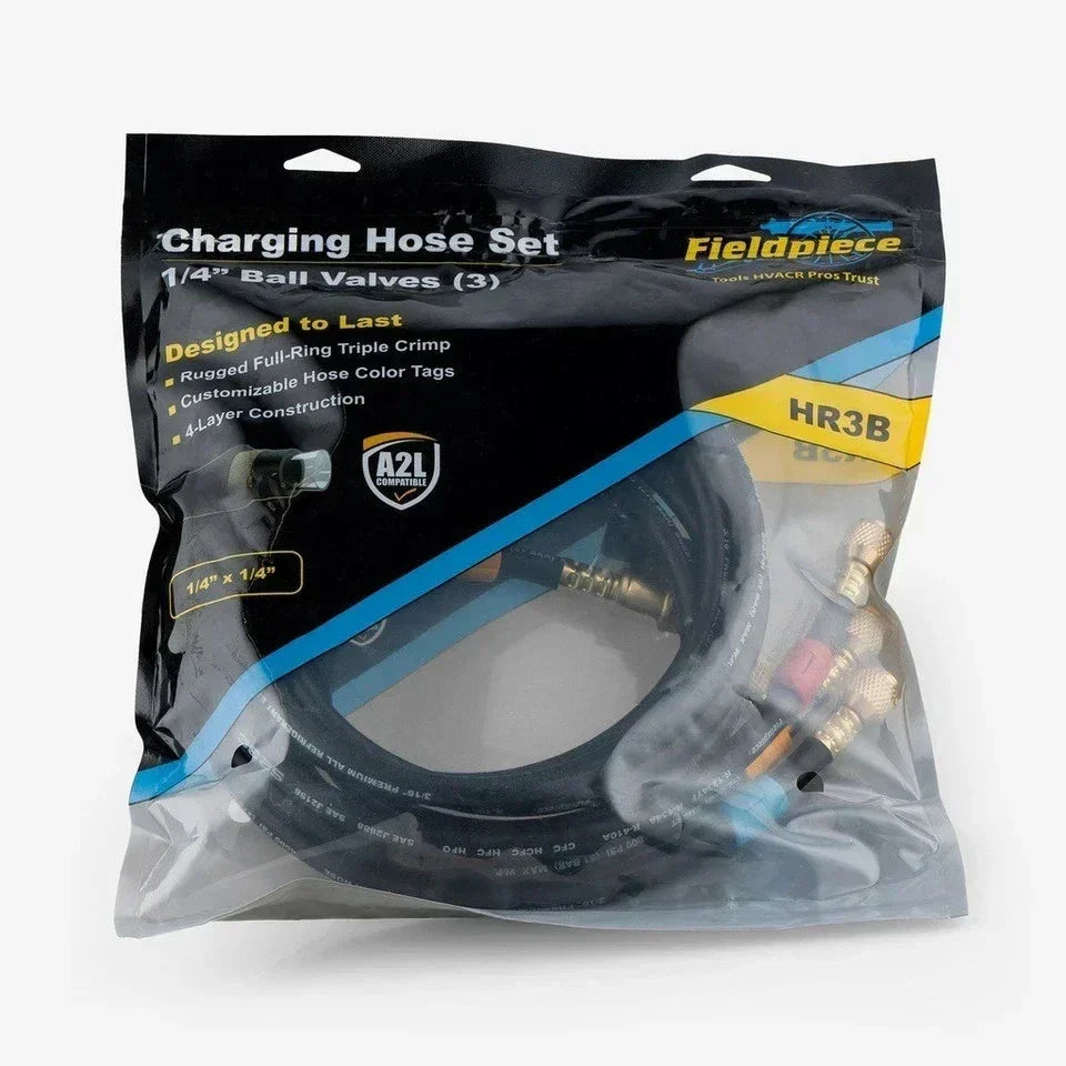 Fieldpiece HR3B Refrigerant Charging Hoses with Ball Valve – 3 Pack 1/4" x 1/4", Color-Coded HVAC Set