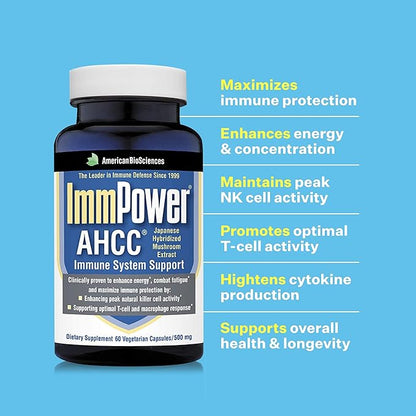ImmPower AHCC by American BioSciences – 500mg Mushroom Supplement for Immune & NK Cell Support, 60 Capsules