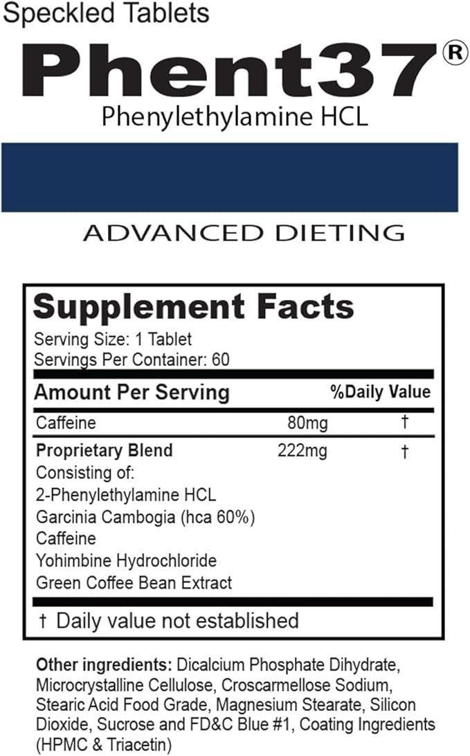 Phent37 PEA (Phenylethylamine HCL) Supplement – Energy & Weight Support, 60 Tablets