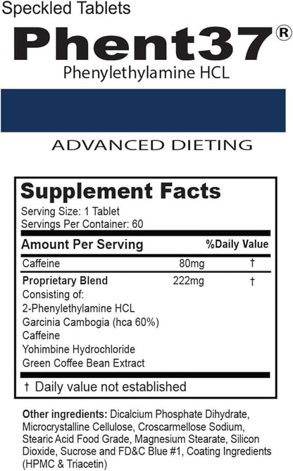 Phent37 PEA (Phenylethylamine HCL) Supplement – Energy & Weight Support, 60 Tablets