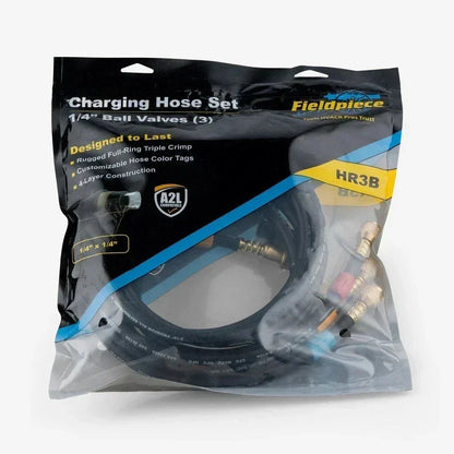 Fieldpiece HR3B Refrigerant Charging Hoses with Ball Valve – 3 Pack 1/4" x 1/4", Color-Coded HVAC Set