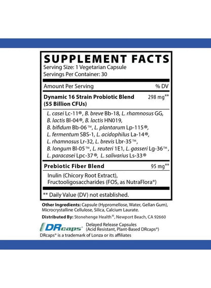 Stonehenge Health Dynamic Biotics – 55 Billion CFU Probiotic with 16 Strains & Prebiotic, Gut Health Support