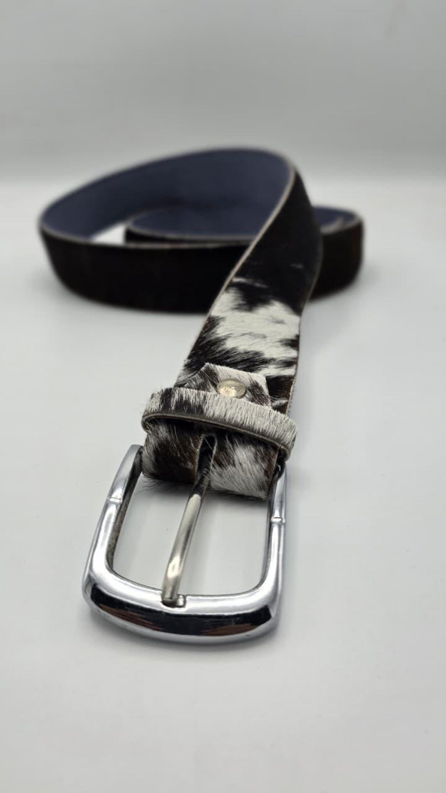 Handmade Black & White Cowhide Leather Belt – Hair-On Hide with Silver Buckle