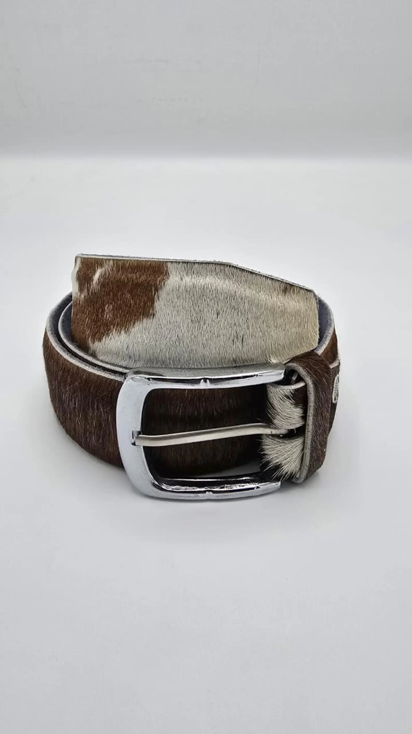 Handmade Cowhide Leather Belt – Brown & White Hair-On Hide with Chrome Buckle