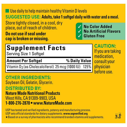 Nature Made Vitamin D3 1000 IU Softgels – Bone & Immune Support | 650 Count